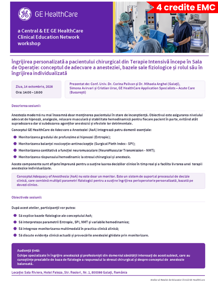 Workshop „Îngrijirea personalizată a pacientului chirurgical din Terapie Intensivă începe în Sala de Operații: conceptul de adecvare a anesteziei, bazele sale fiziologice și rolul său în îngrijirea individualizată”